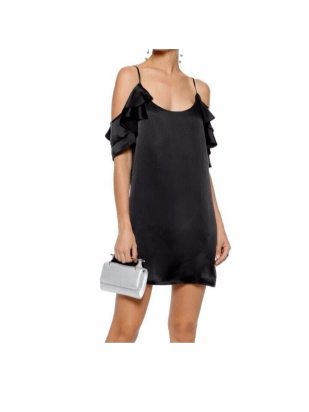 Cami NYC Black Ruffle Cold-Shoulder Mini Slip Dress